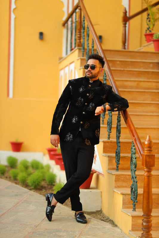 Black Velvet Embroidered Bandhgala Suit