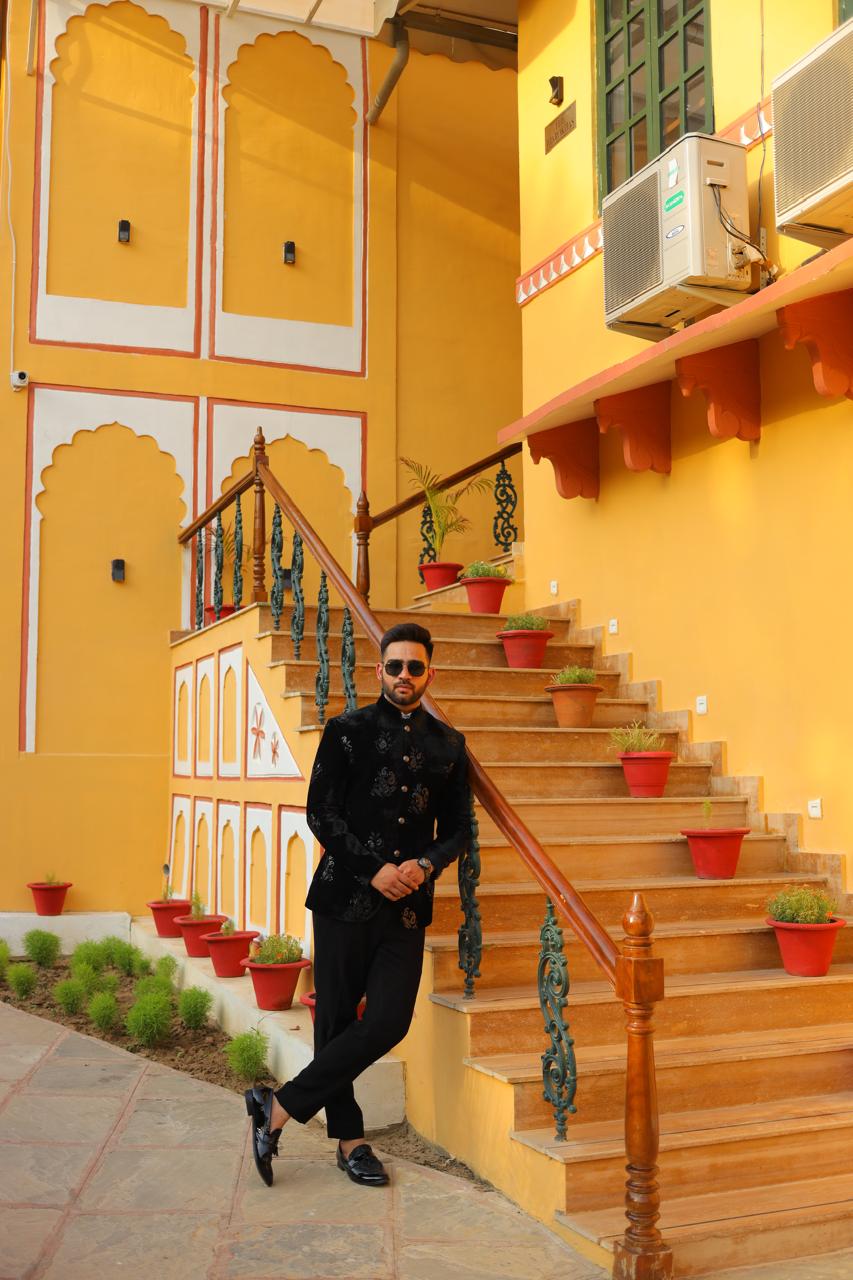 Black Velvet Embroidered Bandhgala Suit