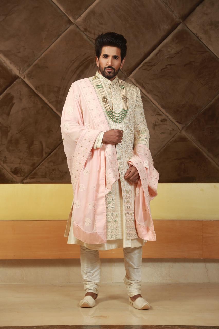 Vishal Kotian in our traditional pink and white sherwani