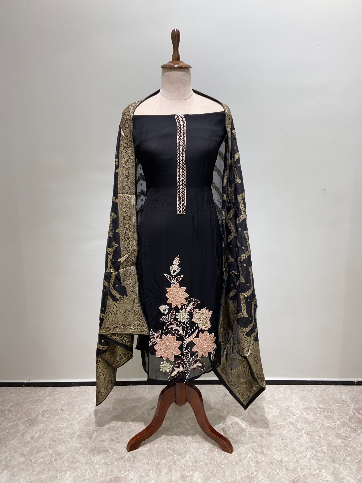 Black embroidery suit with pure banarsi Dupatta