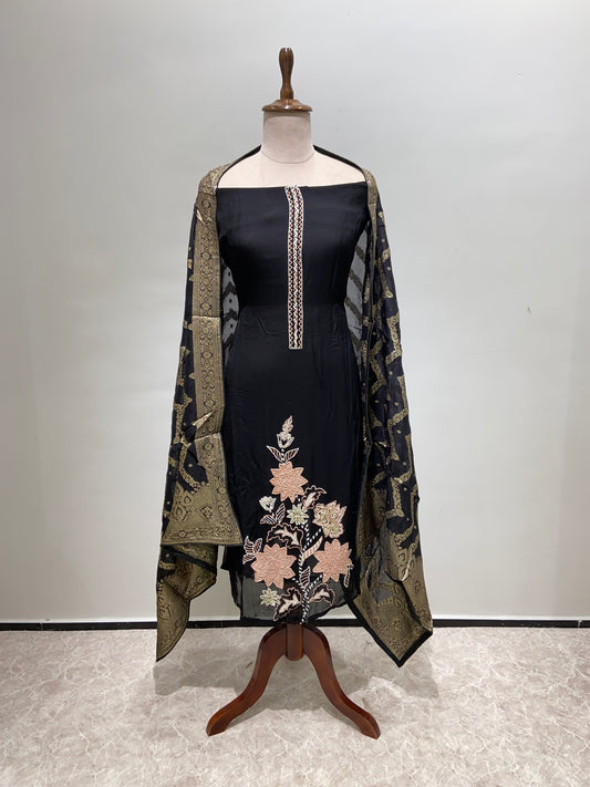 Black embroidery suit with pure banarsi Dupatta