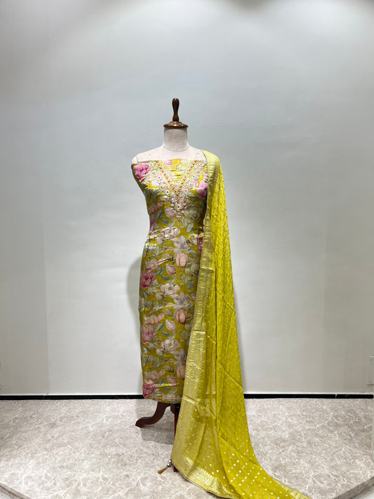 Garden printed and neck embroidery suit set
