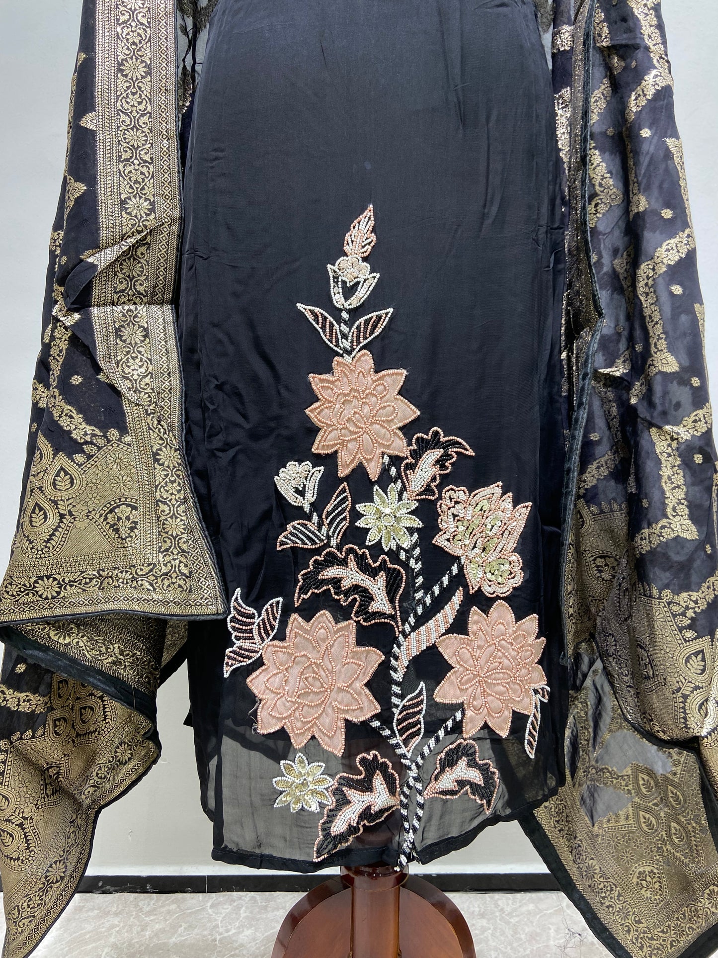 Black embroidery suit with pure banarsi Dupatta