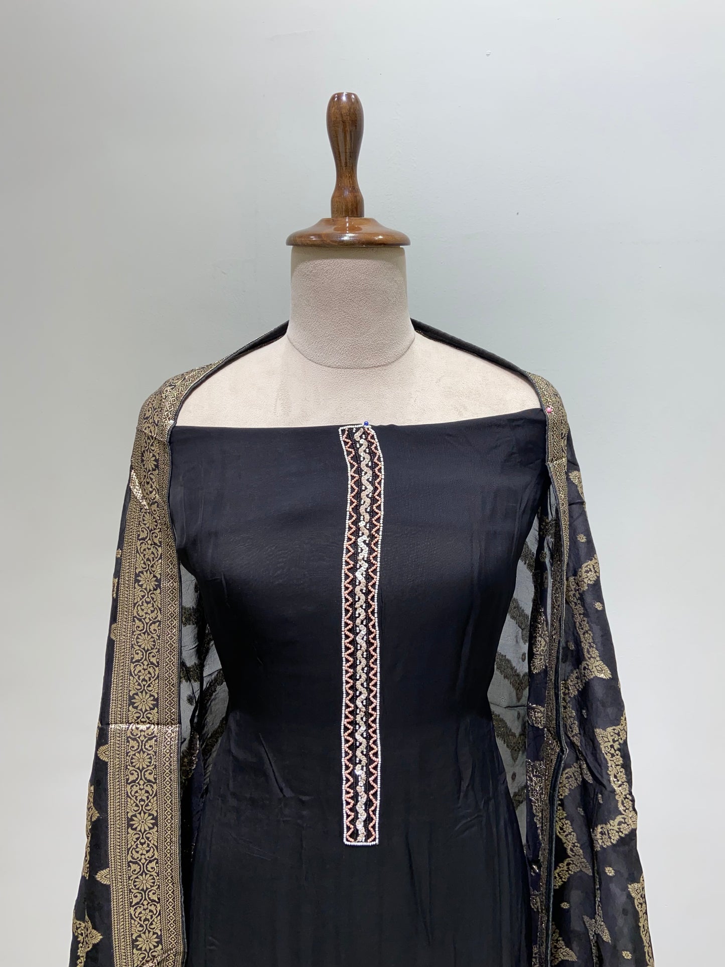 Black embroidery suit with pure banarsi Dupatta