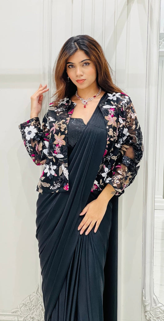Bold & Chic: Designer Black Saree Shrug Fusion