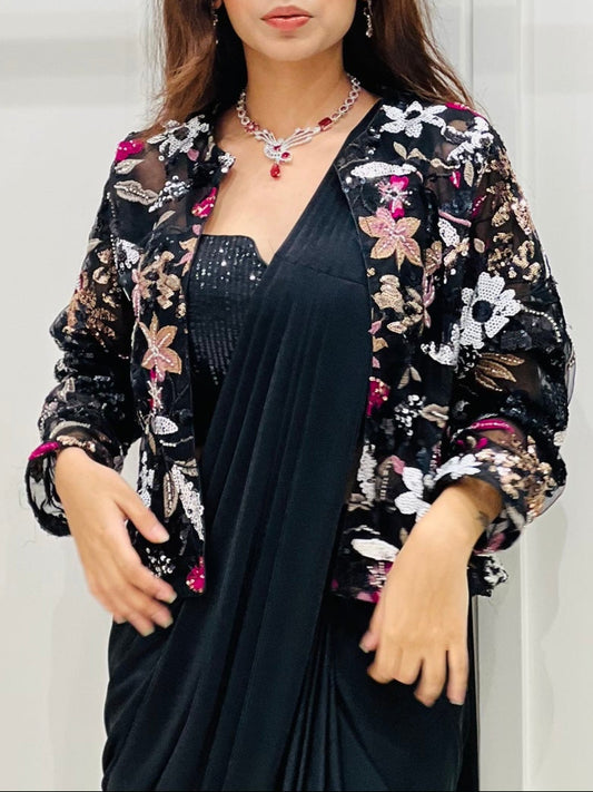 Bold & Chic: Designer Black Saree Shrug Fusion