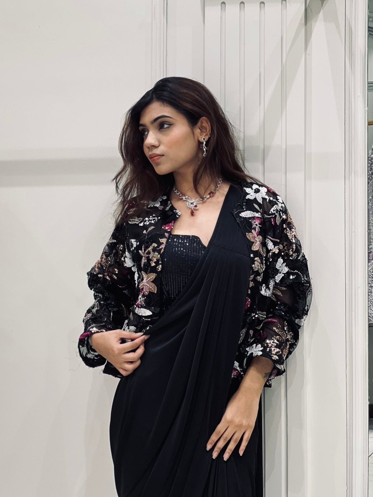 Bold & Chic: Designer Black Saree Shrug Fusion