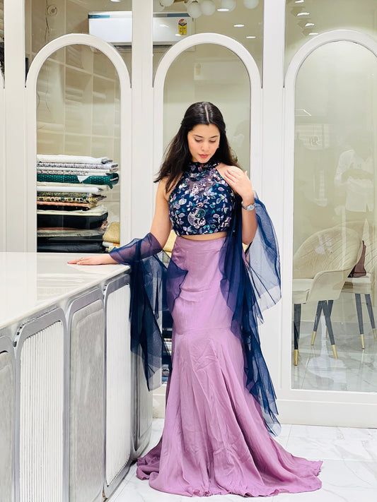 Elegance Redefined: Blue & Wine Party-Wedding Ensemble