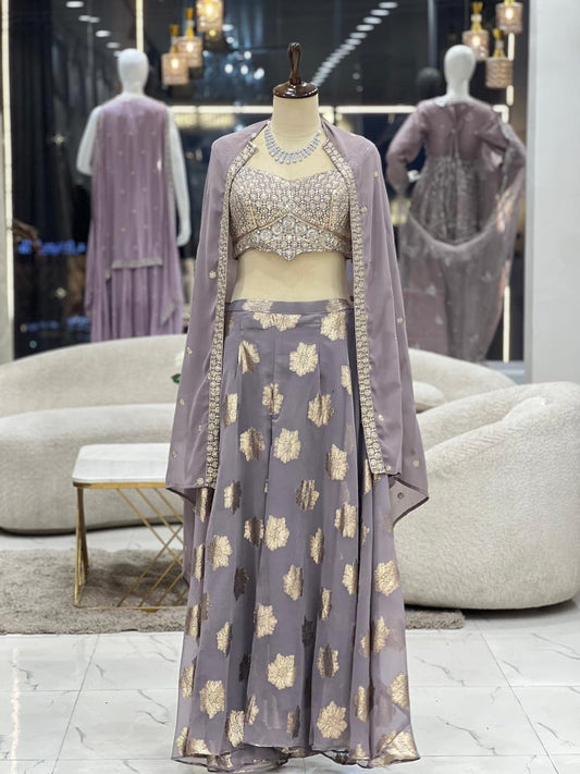 Purple and gold Embroidered Lehenga With shrug