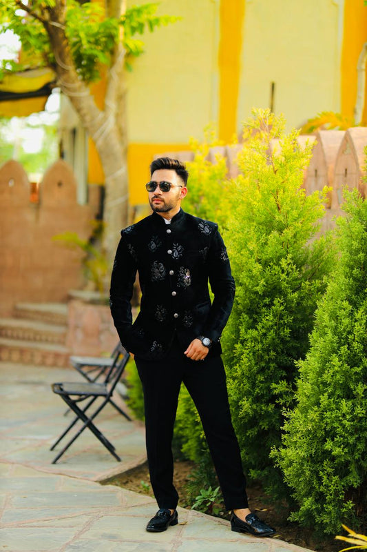Black Velvet Embroidered Bandhgala Suit