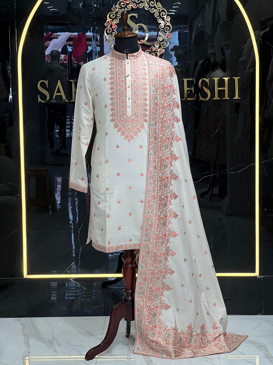 White Embroidered Sherwani with Pink Detailing and Matching Stole