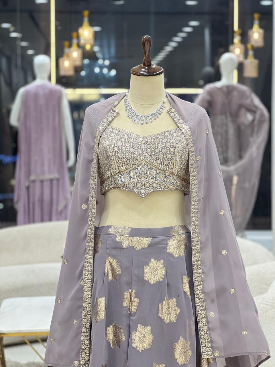 Purple and gold Embroidered Lehenga With shrug