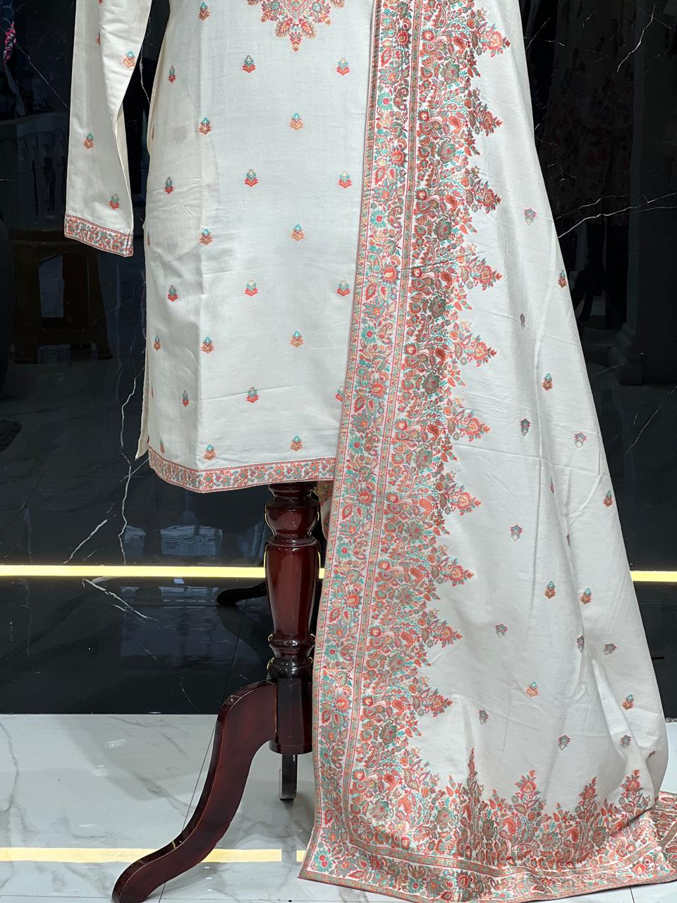 White Embroidered Sherwani with Pink Detailing and Matching Stole