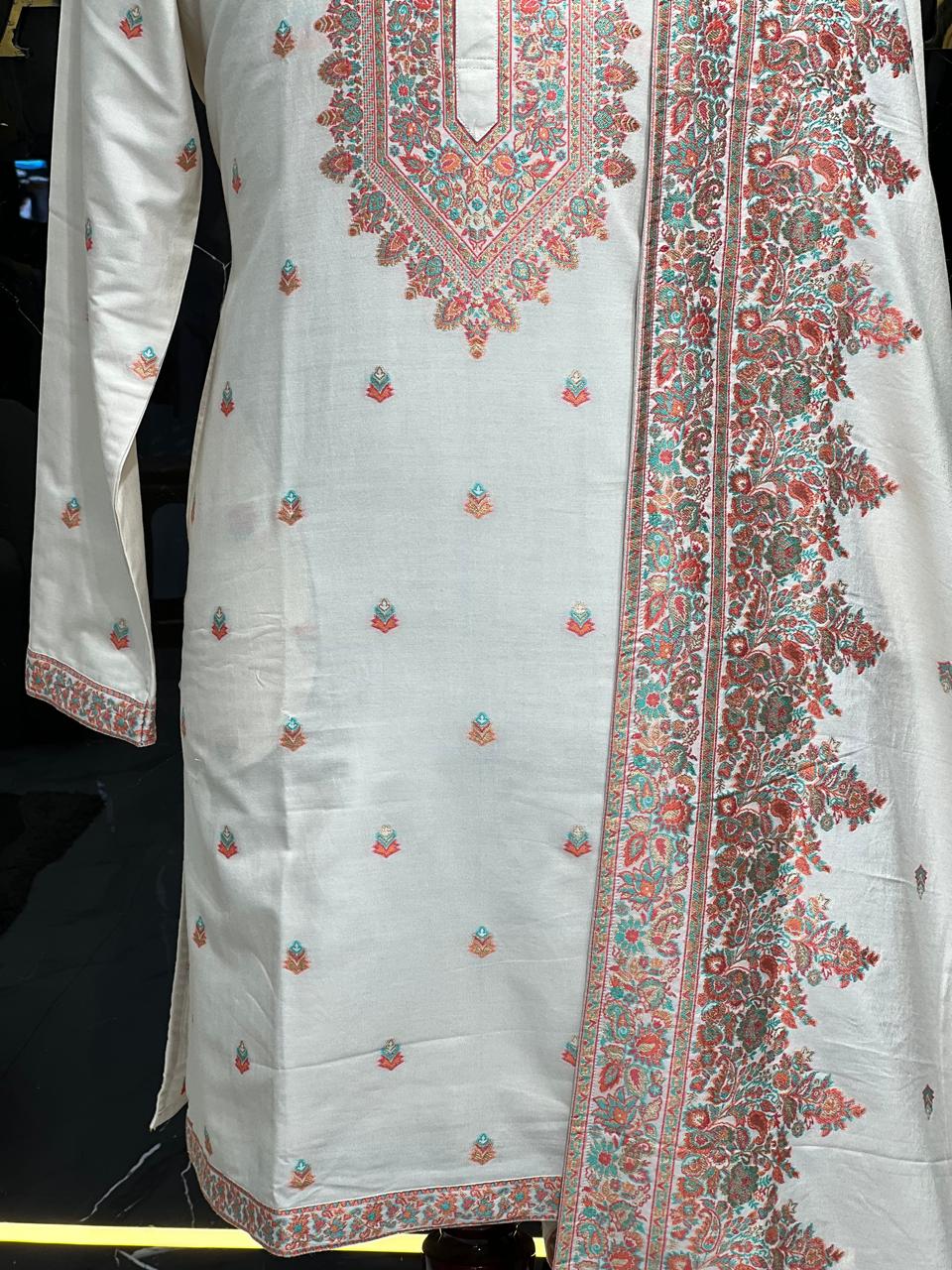 White Embroidered Sherwani with Pink Detailing and Matching Stole