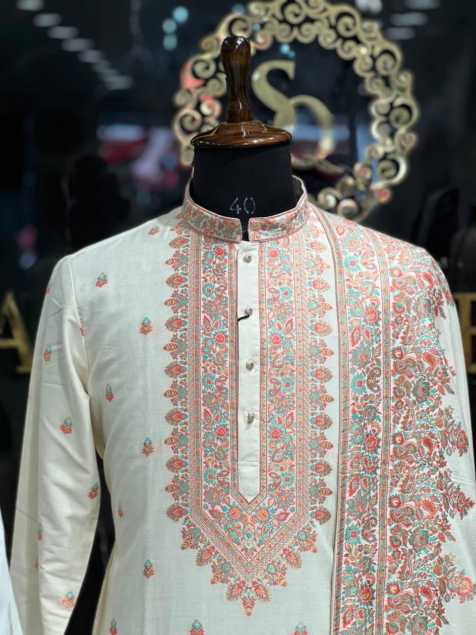 White Embroidered Sherwani with Pink Detailing and Matching Stole