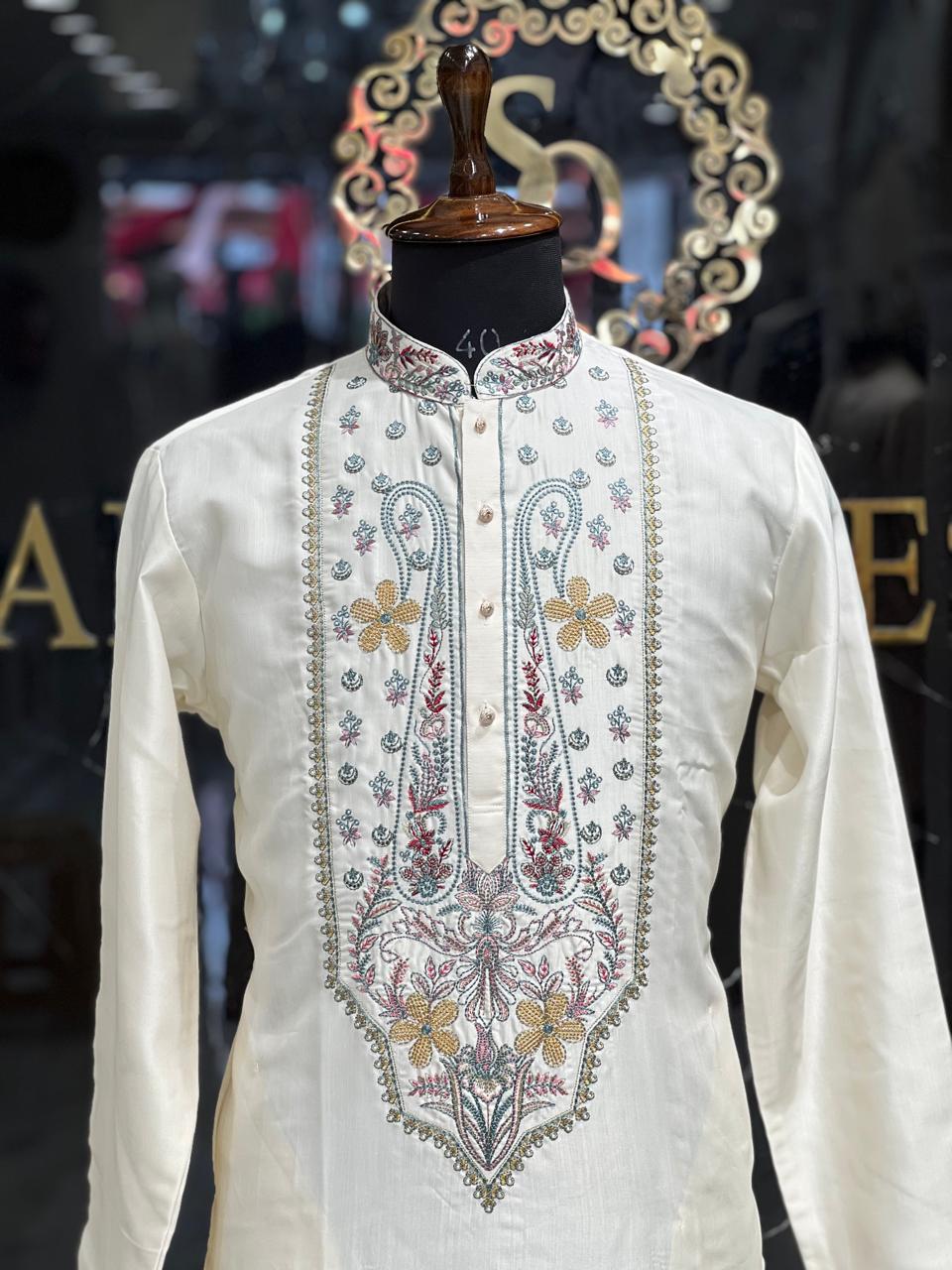 White Kurta with Black Embroidery – Festive Edition