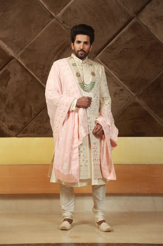 Vishal Kotian in our traditional pink and white sherwani
